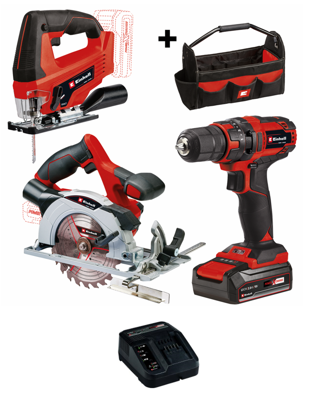 Einhell 4326371 - TC-TK 18/1 Li Kit - Werkzeug-Set: Stichsäge + Handkreissäge - Bohrschrauber + Zubehör